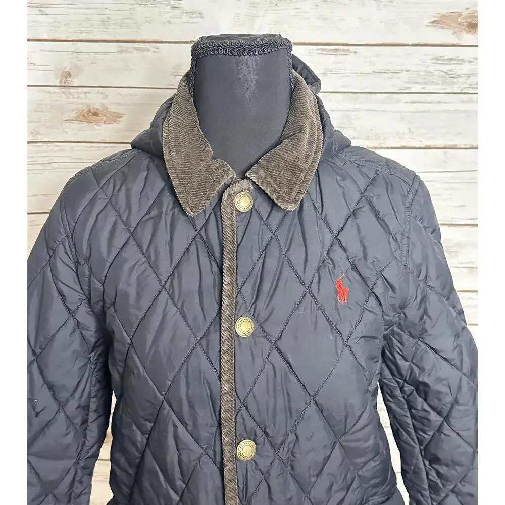 Polo Ralph Lauren black quilted barn snap front hooded jacket Size L (14-16)